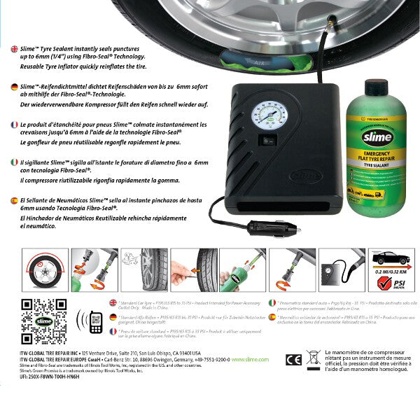 Slime Smart Tyre Repair Kit 12V Compressor And 473ml Solution - Car Enhancements UK